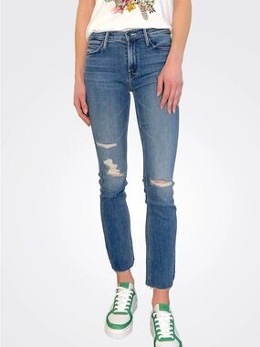 MOTHER The Mid Rise Dazzler Ankle Fray Distressed Straight Leg Denim Y2K Jeans